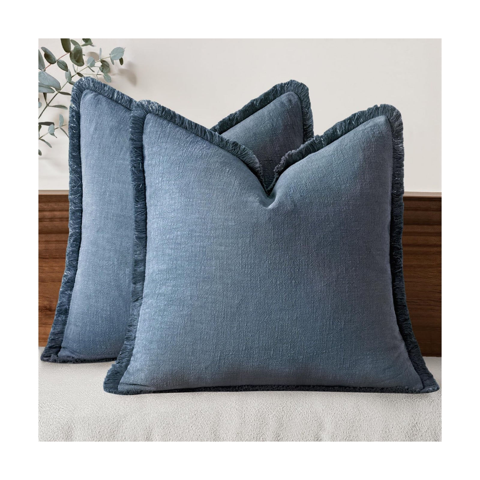 Decorative Throw Pillow Covers Neutral Linen Fringe Throw Pillows / 20 x 20 / Blue Ashes / Set of 2