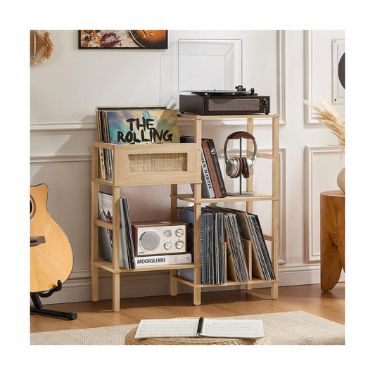 Record Player Stand, Natural Oak Wood Record Holder with Vinyl Storage Holds up to 300+ Albums, 3-Tier Rattan Media