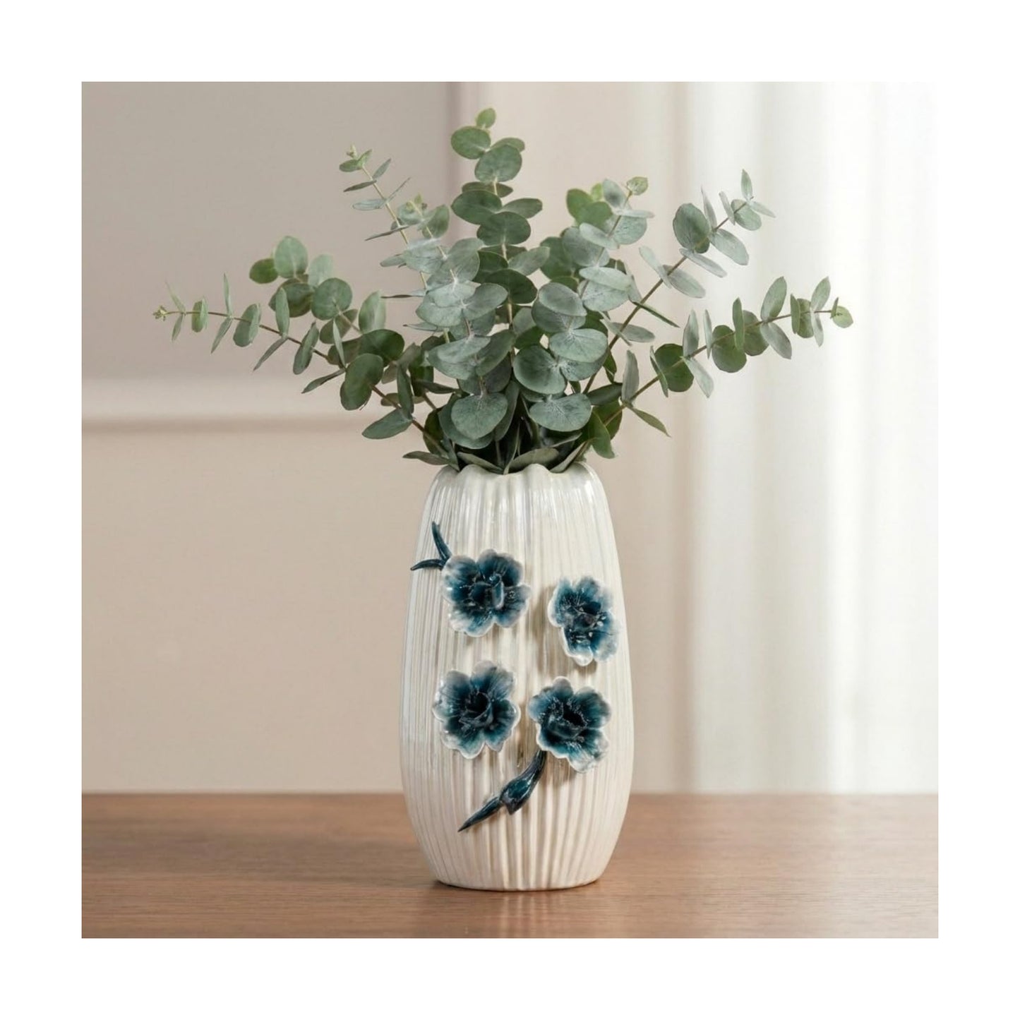 Boho Ceramic Vase / White and Dark Blue / 9 Inch