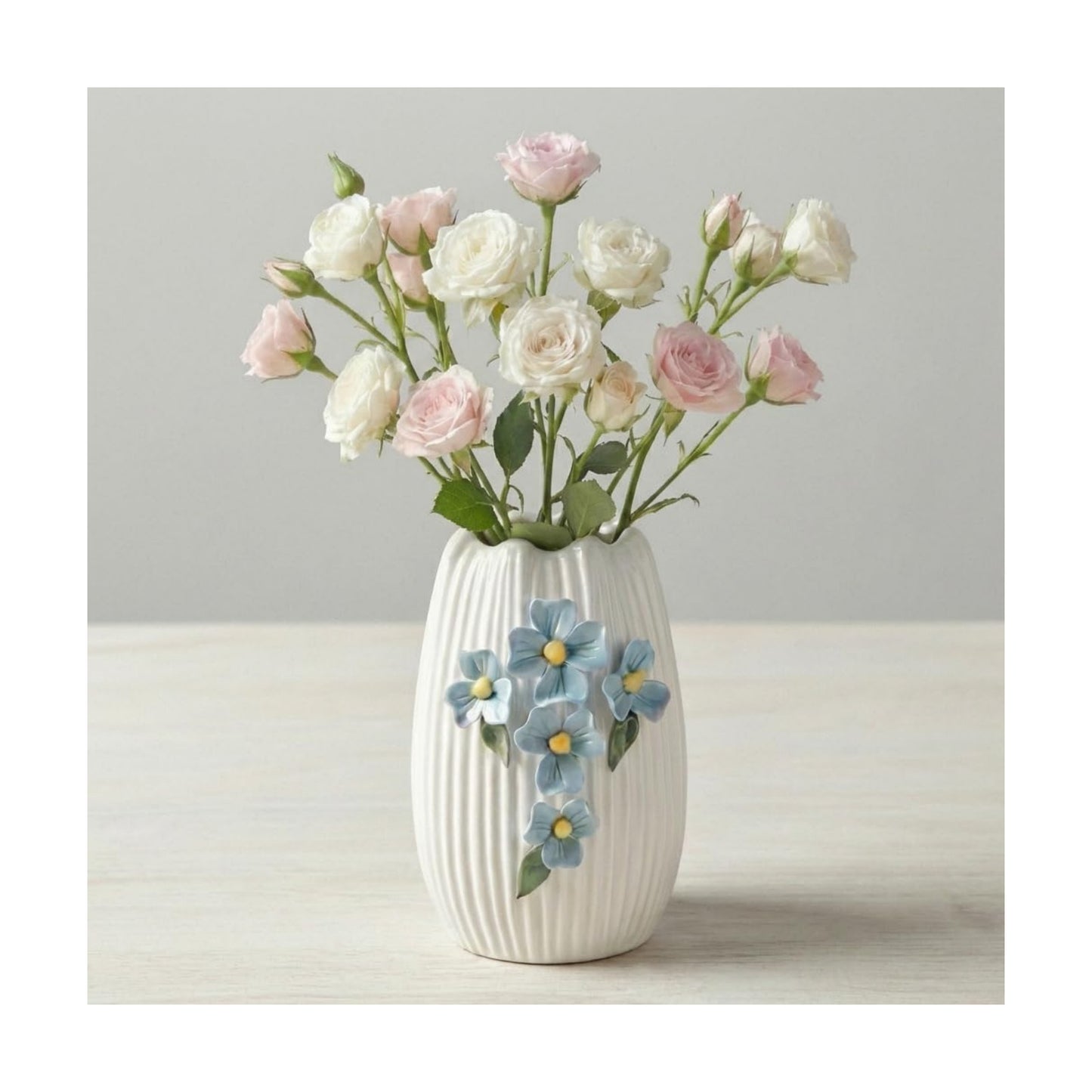 White Ceramic Vase / White and Light Blue / 7 Inch