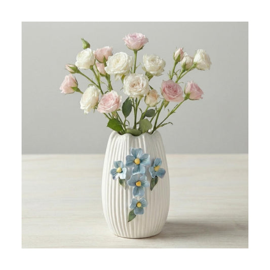 White Ceramic Vase / White and Light Blue / 7 Inch