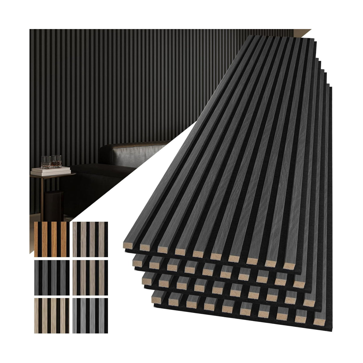 Art3d 3D Fluted Soundproof Wood Textured Slat Wall Panel, 4-Pack, Blackwood | 108 x 12 Inch, Noise Reduction, Durable