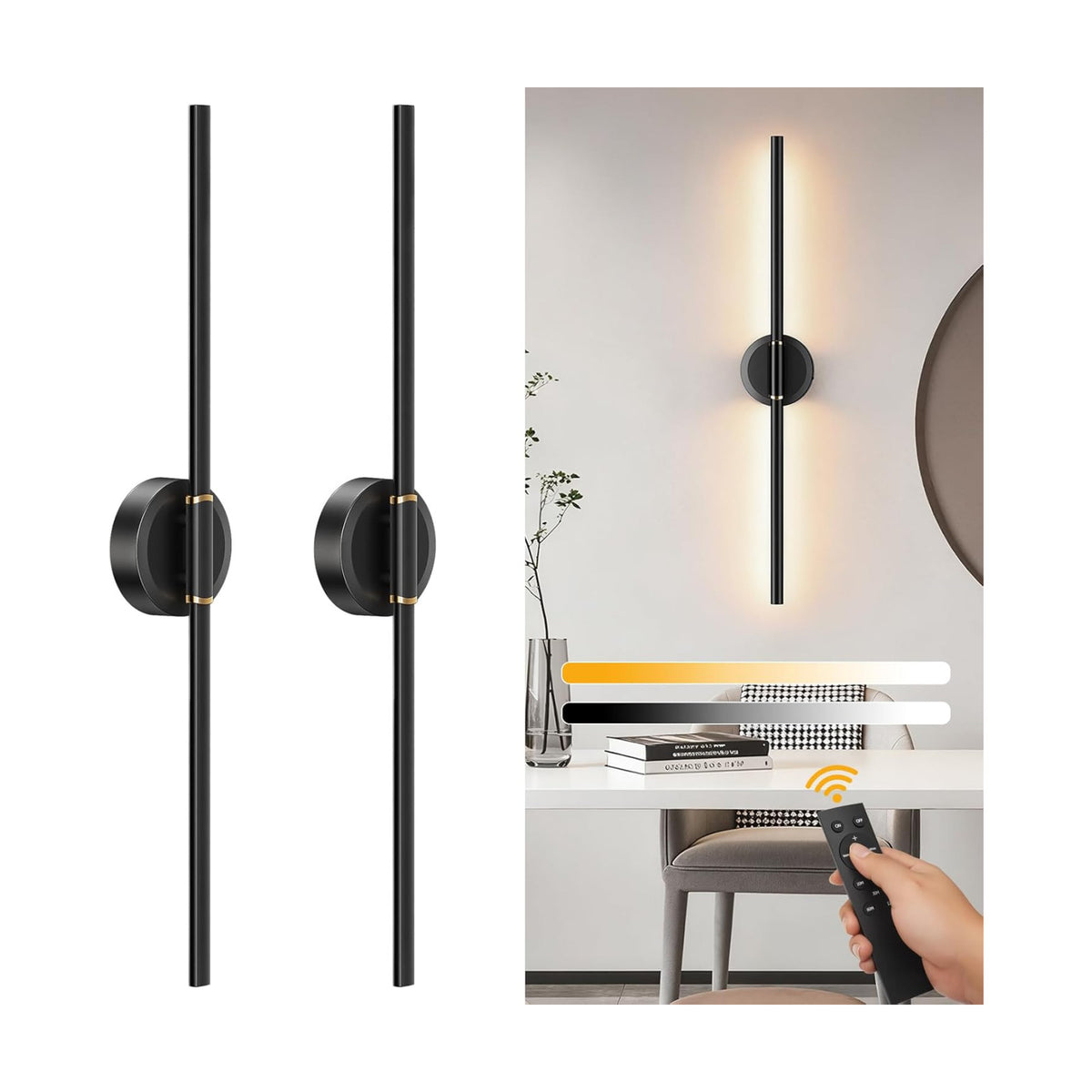 Battery Operated Wall Sconces Set of 2, Dimmable 6000mAh Rechargeable Wall Lights, LED Wall Lamp with Remote Control