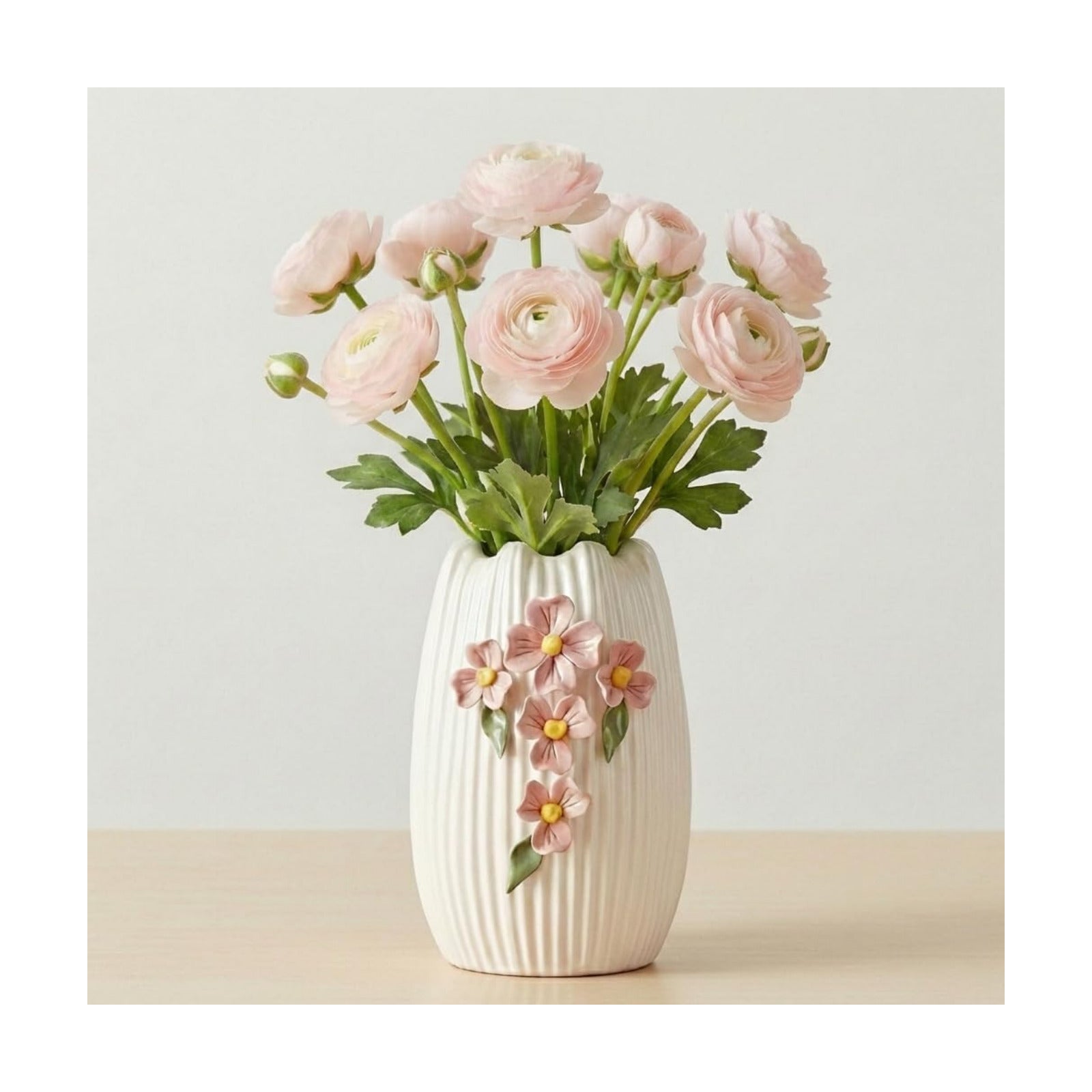 White Ceramic Flower Vase / White and Pink / 7 Inch
