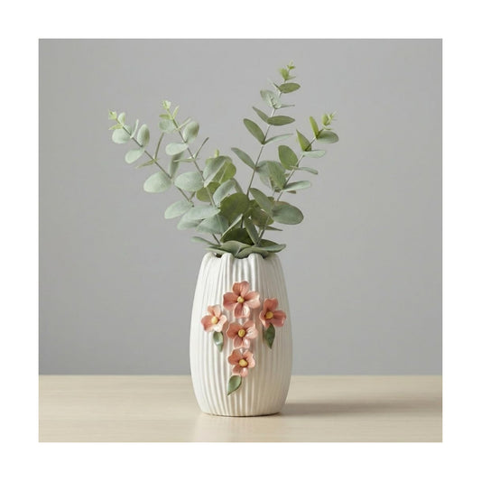 Ceramic Modern Vase for Pampas Grass / White and Orange / 7 Inch
