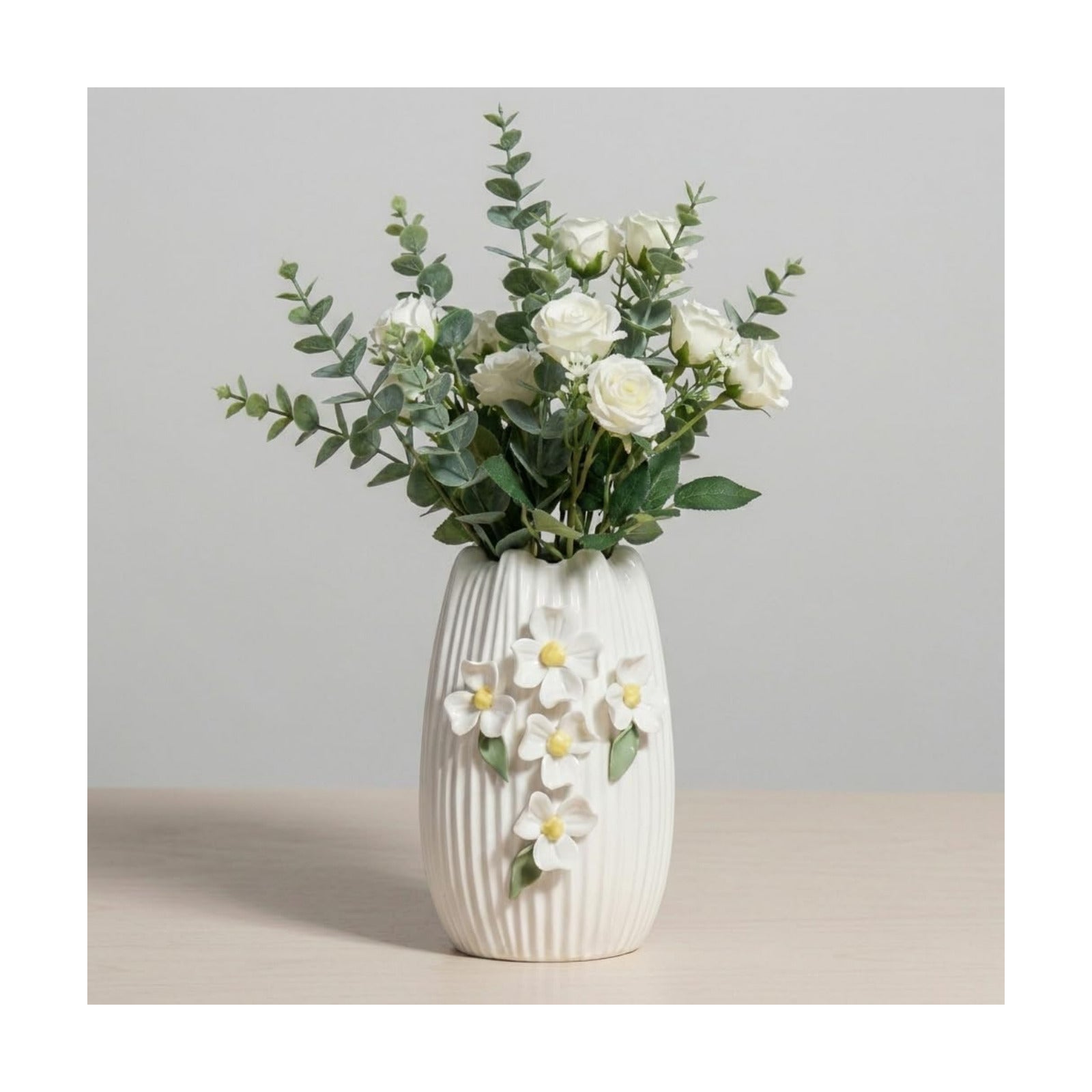 White Ceramic Vase / White and Yellow / 7 Inch