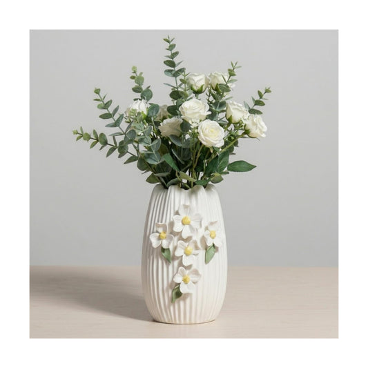 White Ceramic Vase / White and Yellow / 7 Inch