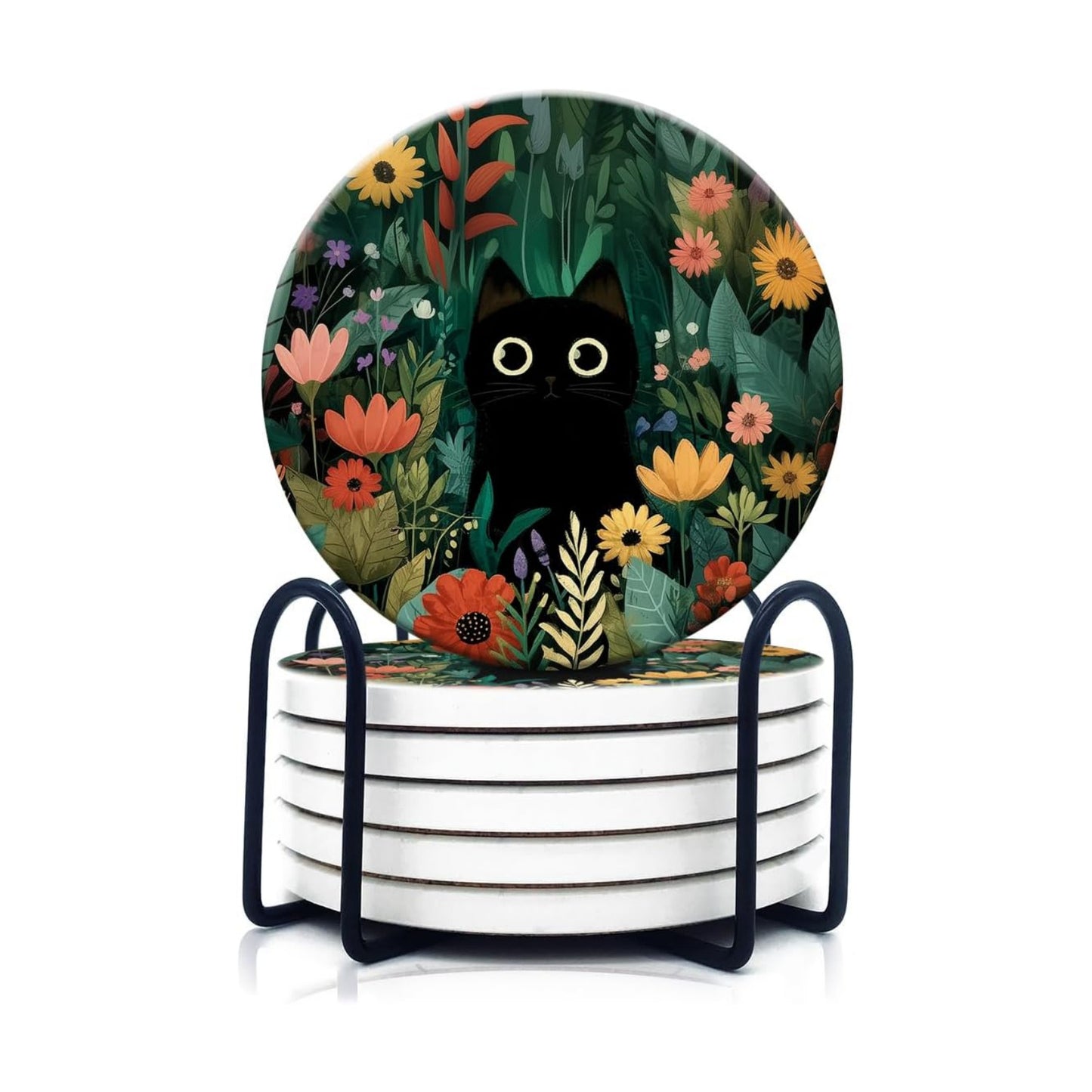 Round Absorbent Ceramic Stone Coasters / Cute Cat / Set of 6