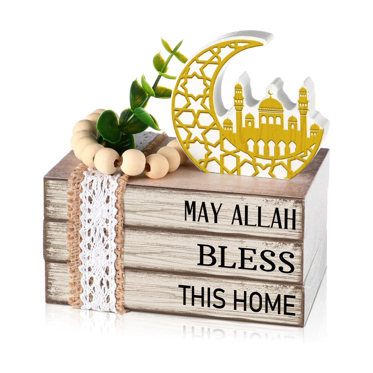 Eid Mubarak Decorations for Home Ramadan Decorations Wood Ramadan Mubarak Table Sign Golden Moon Eid Tiered Tray Sign for Islamic Muslim Table Indoor Shelf Office Gifts