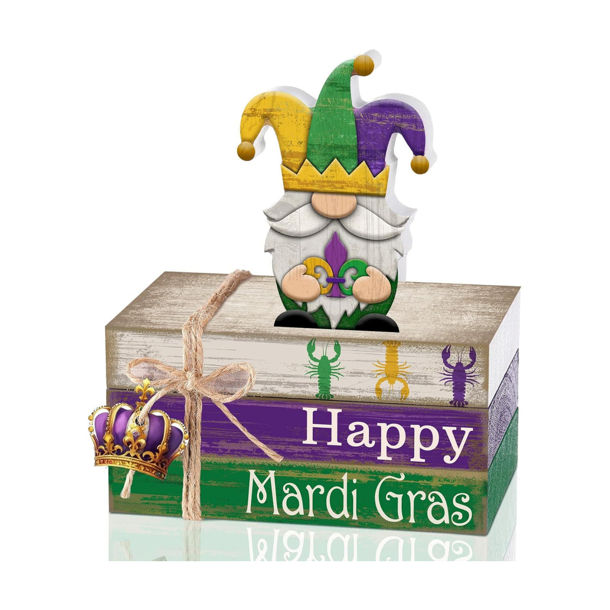 4 Pcs Mardi Gras Decorations Wooden Mardi Gras Table Centerpiece Crawfish Gnome Carnival Tiered Tray Decorations Mini Wooden Faux Books Stack Signs for Masquerade Office Tabletop Bookshelf