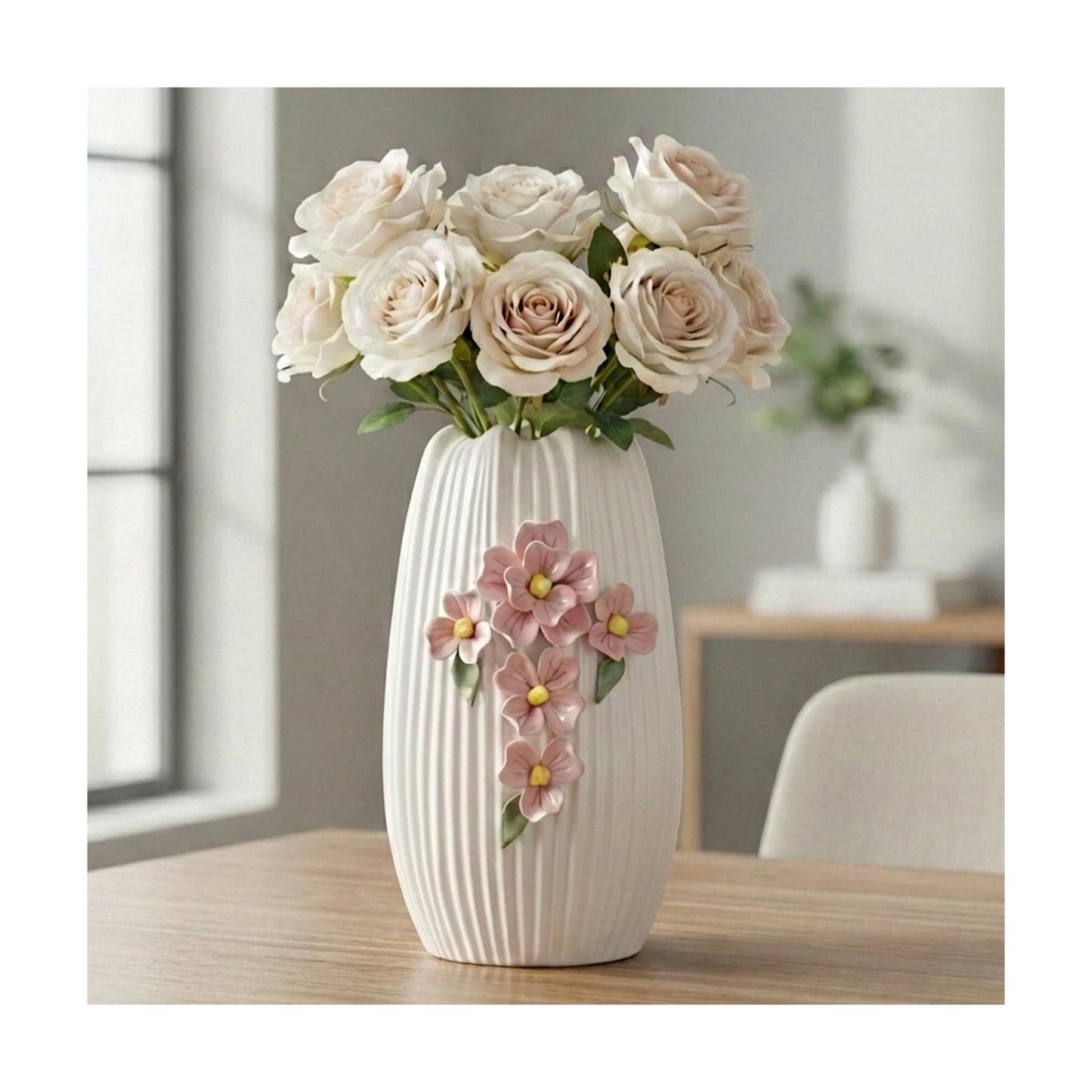 Ceramic Flower Vase / White and Pink / 9 Inch