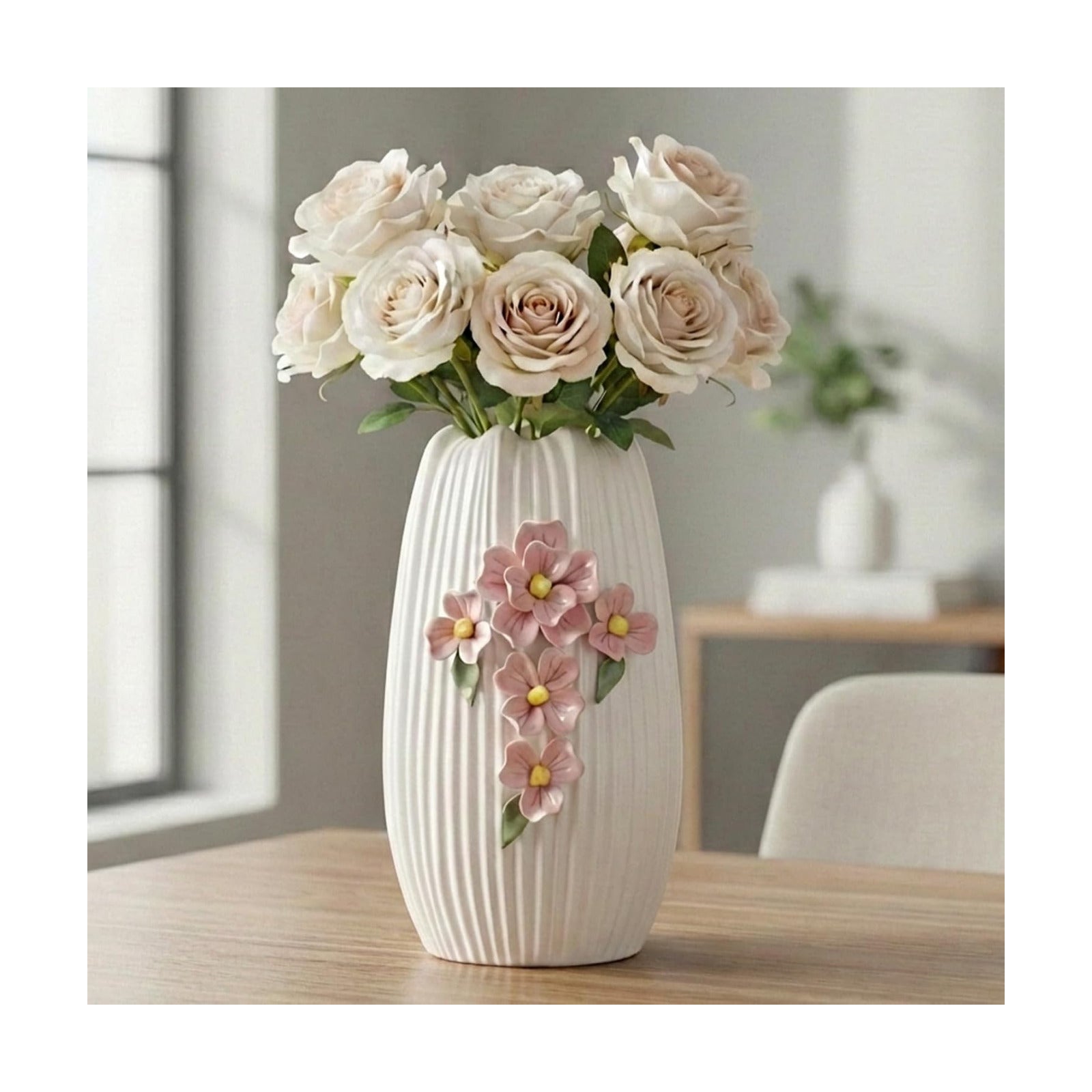 Ceramic Flower Vase / White and Pink / 9 Inch