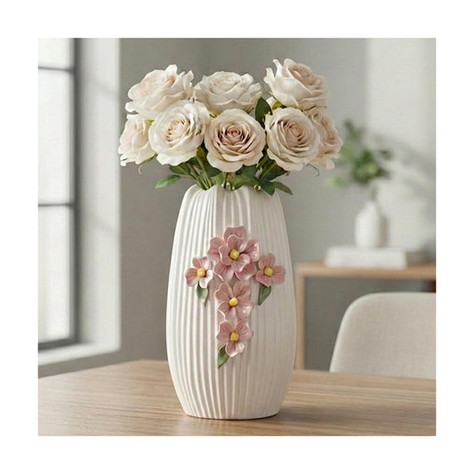 Ceramic Flower Vase / White and Pink / 9 Inch