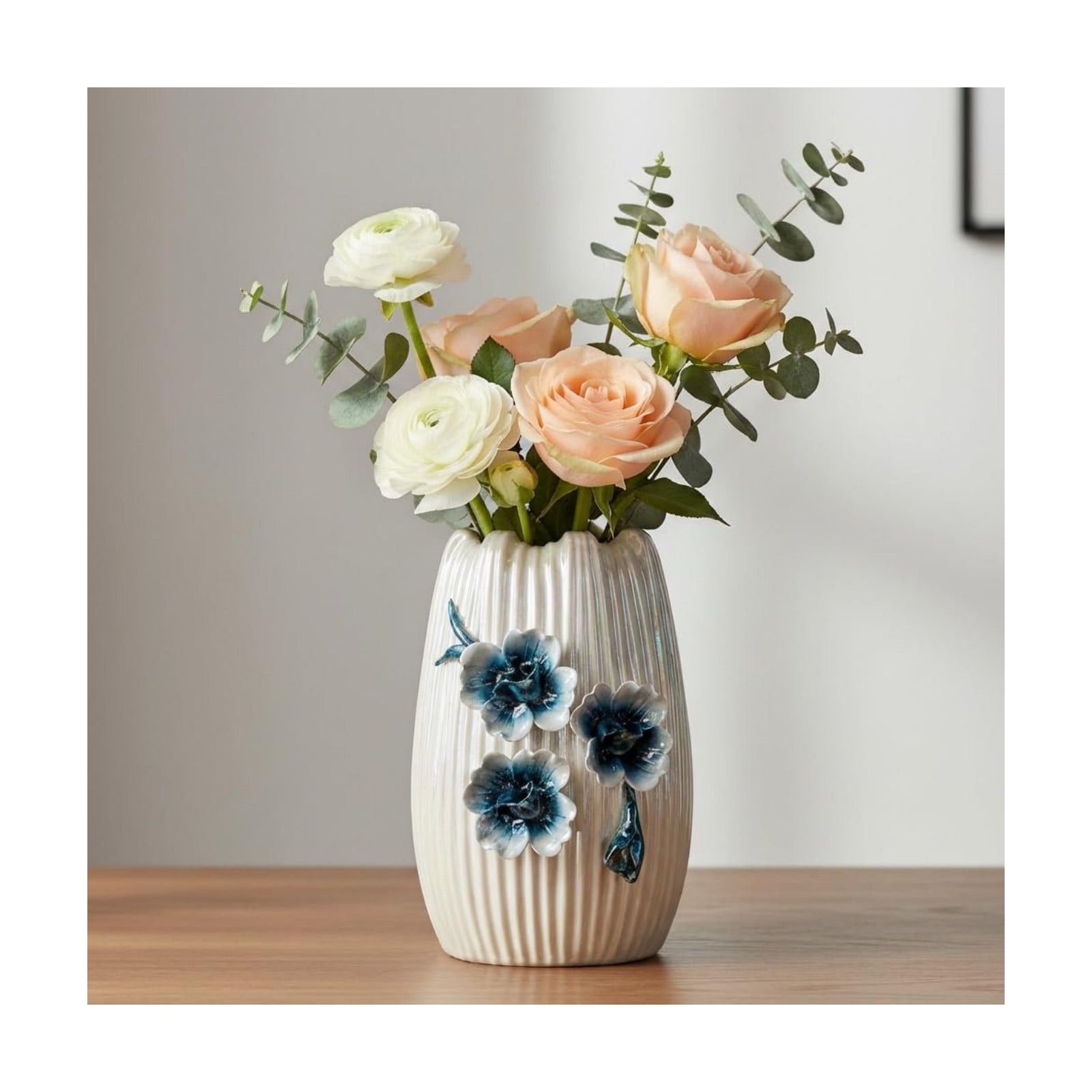Modern Ceramic Vases for Centerpieces / White and Dark Blue / 7 Inch