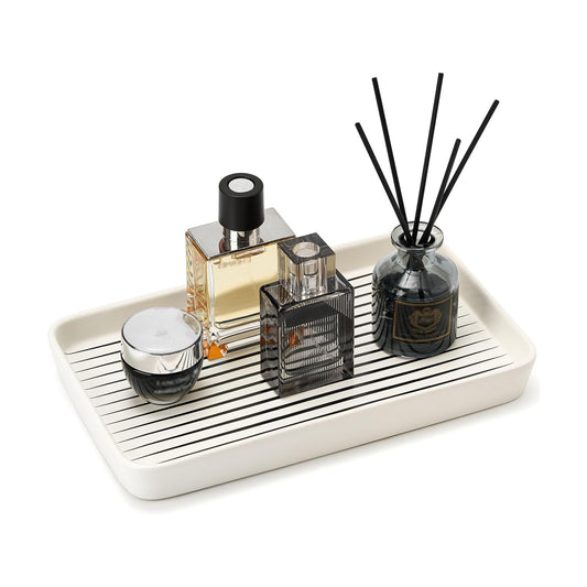 White Bathroom Vanity Tray for Countertop / White Color with Black Stripes-1 Pc / 10 x 6 x 1