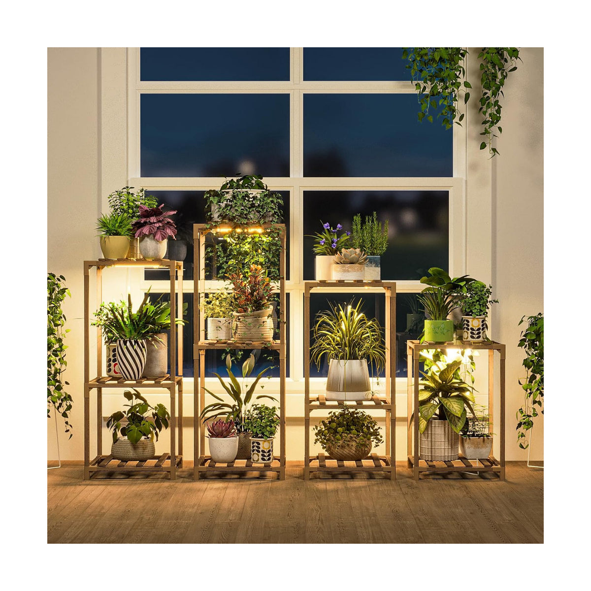 Bamworld Plant Stands with Grow Lights Indoor 4 Sets Plant Shelves Outdoor | Wooden Plant Holder for Multiple Plants