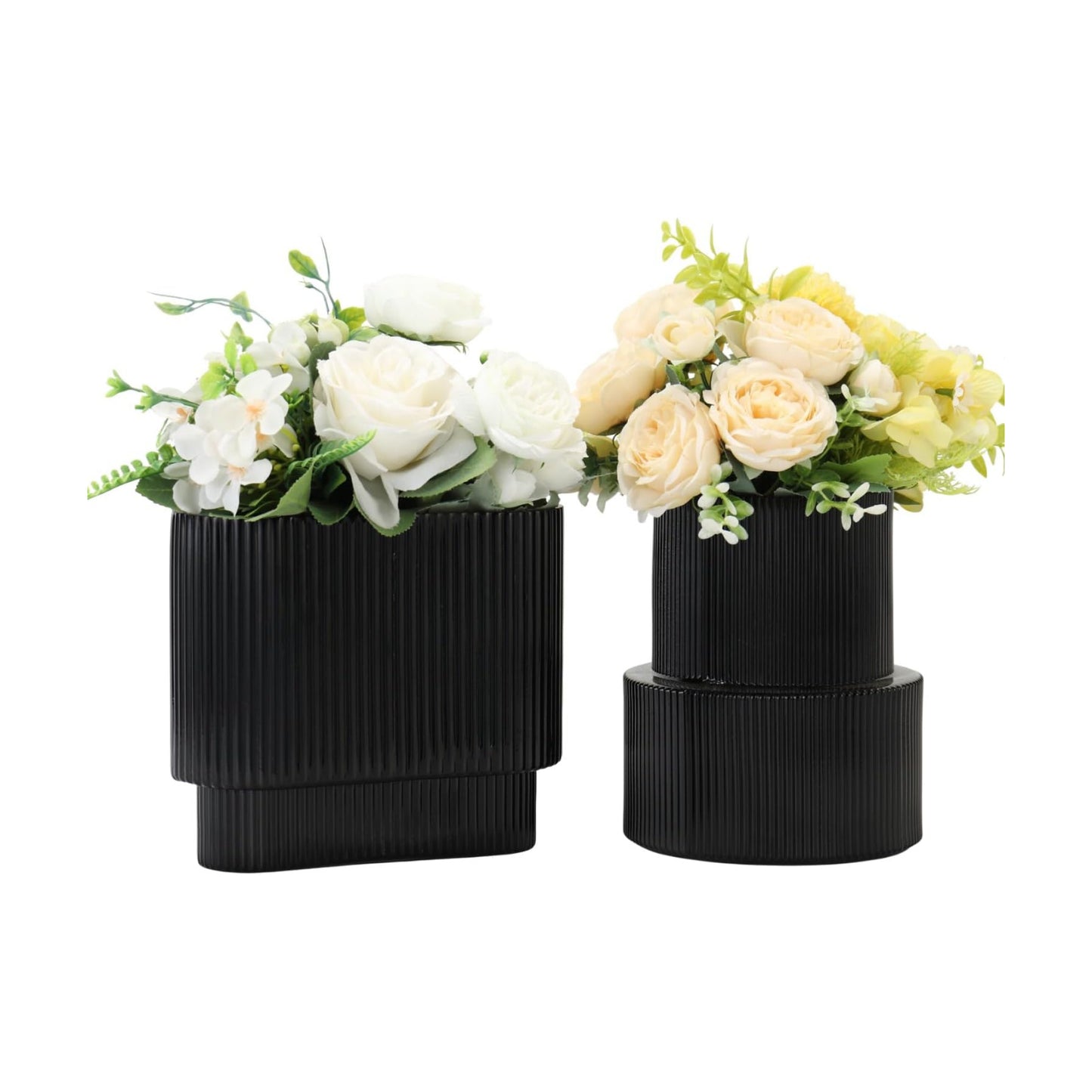 Glass Vases / Modern Vase for Tulips / Black / Ribbed + Oval / Set of 2