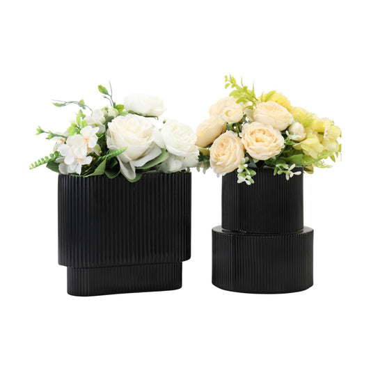 Glass Vases / Modern Vase for Tulips / Black / Ribbed + Oval / Set of 2