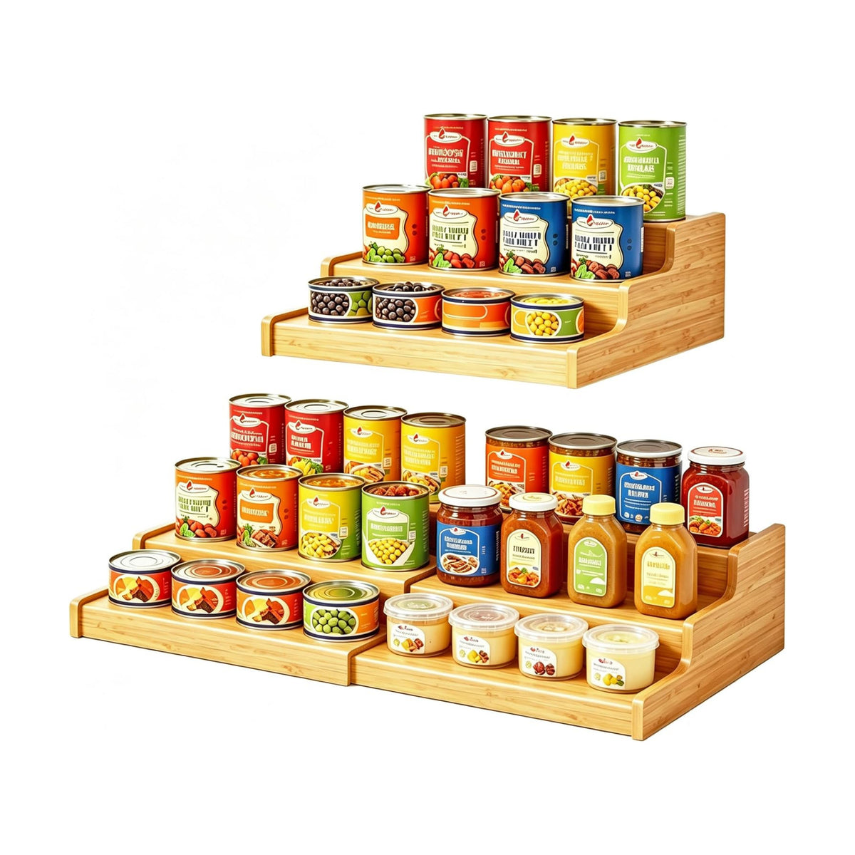 Expandable Bamboo Can Display Organizer for Pantry, 3-Tier Can Storage | Easy-Access Adjustable Can Shelf for Cabinets