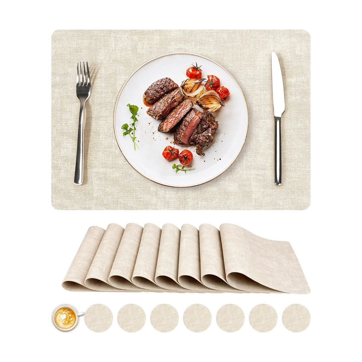 NCUE Vinyl Placemats Set of 8, 17"x12" Wipeable Place Mats with Coasters | Reversible Double Sided, Heat Resistant