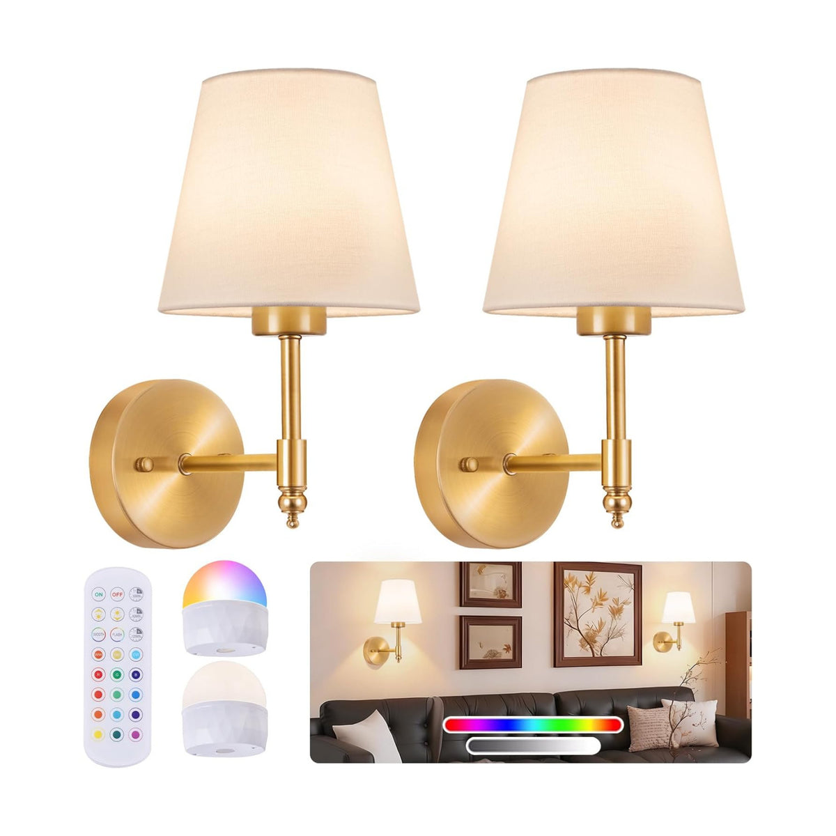 Battery Operated Wall Sconce Set of 2, Rechargeable Wireless Wall Lights | with fabric Lampshade, 5200mAh Dimmable Bulb