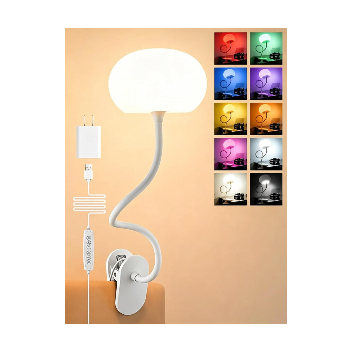 Clip on Lamp, 10 RGB Colors+10 Brightness Clip on Desk Lamp for Dorm Lamp | 800 lm Bright Clip on Light, USB Adapter