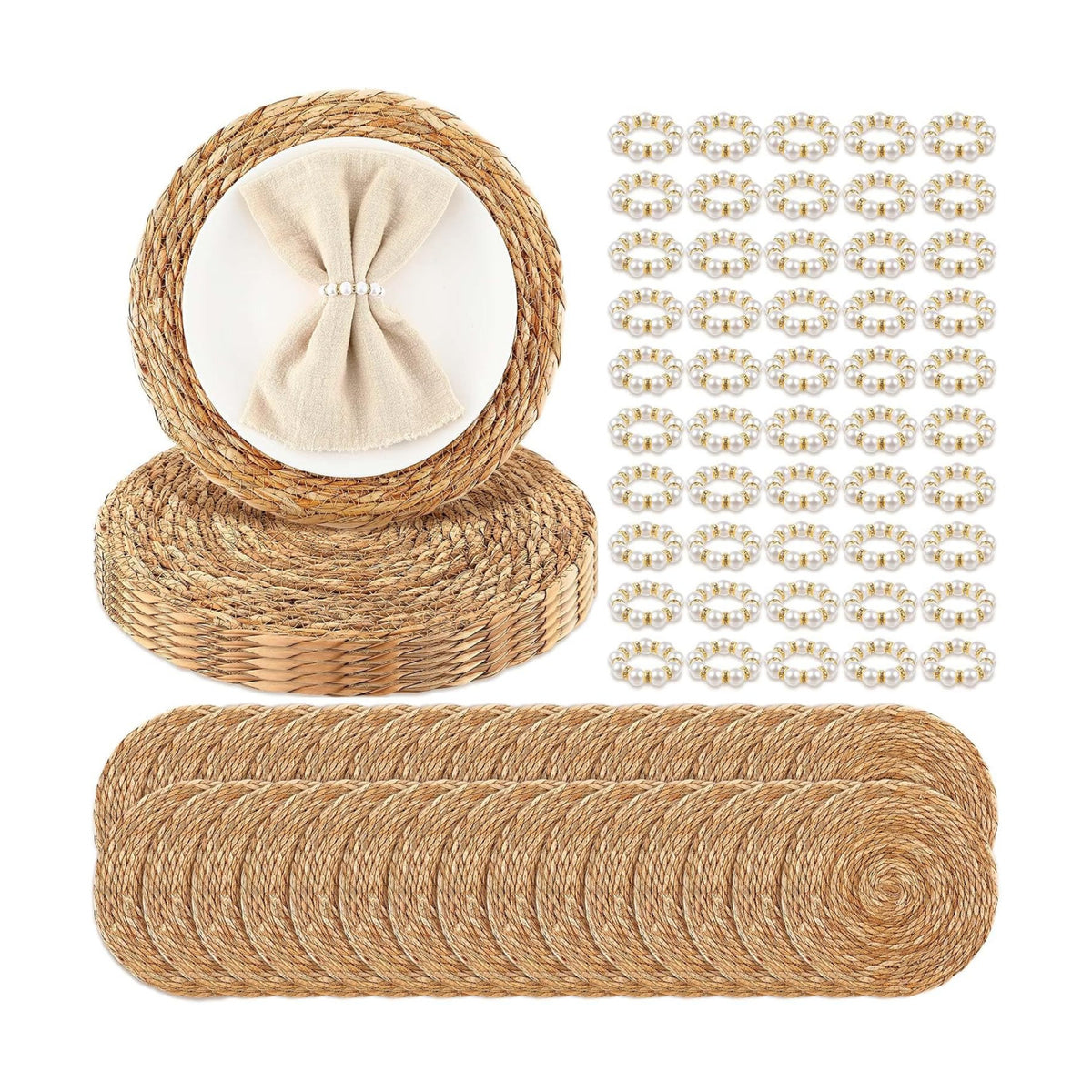 30 Pcs Cattail Round Woven Placemats Set, Cattail Placemats with Pearl Napkin Rings Boho Farmhouse Rustic Woven