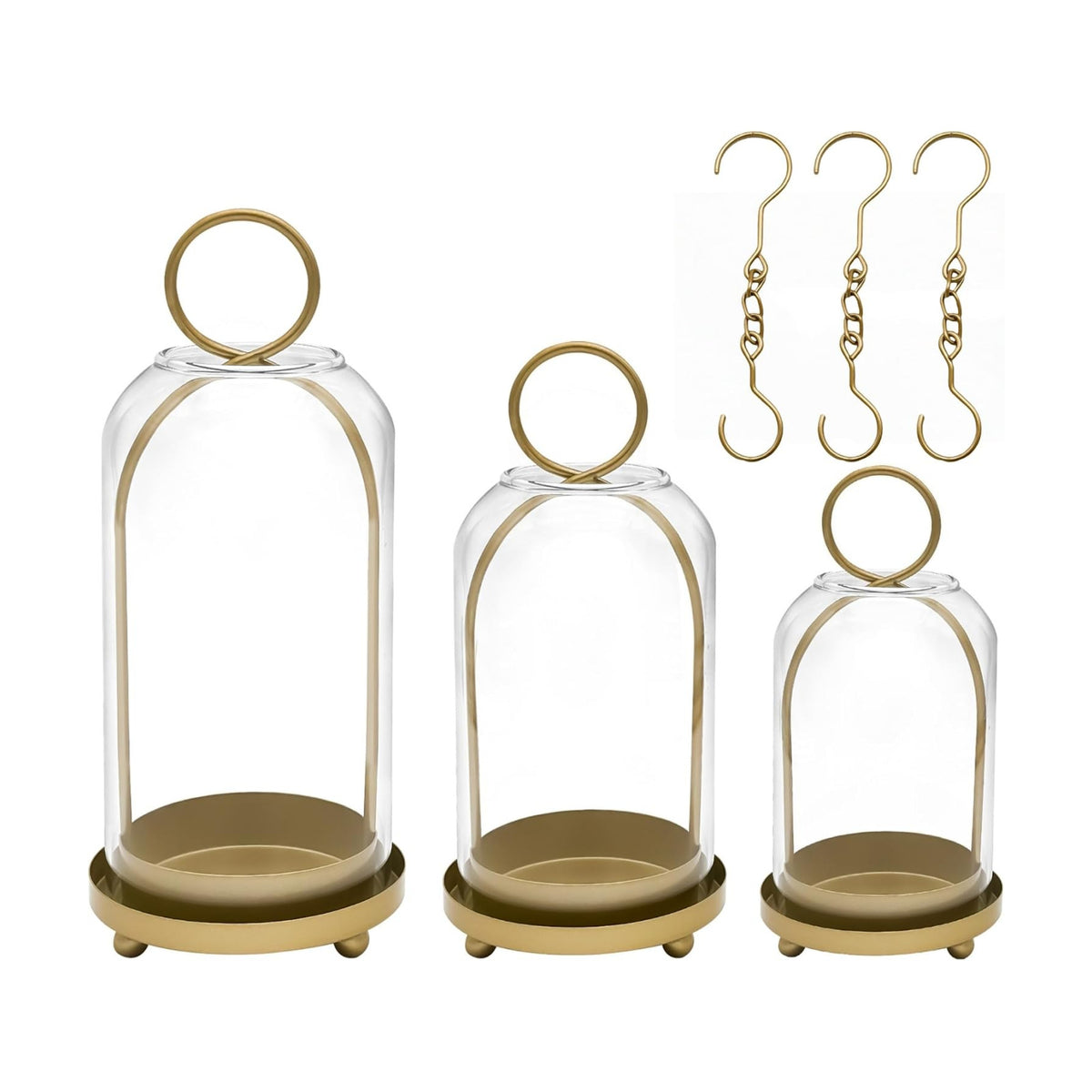 3 Pack Metal Candle Holders with Glass Dome, Gold Candlestick Holders Set | 5.5" & 4.7" & 3.9" Wide Versatile Hurricane