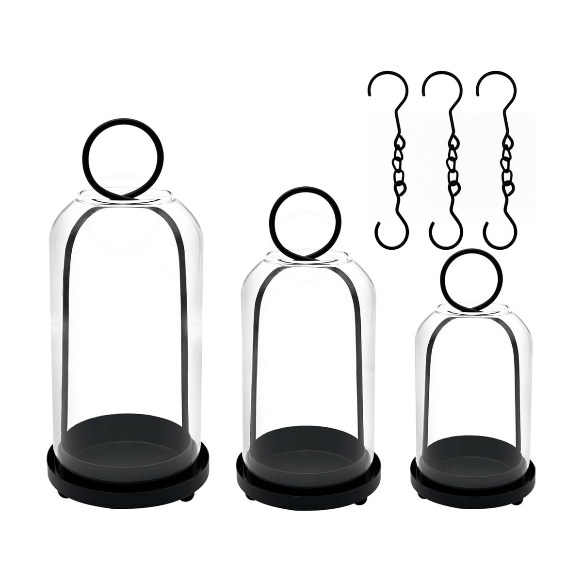 3 Pack Metal Candle Holders with Glass Dome, Black Candlestick Holders Set | 5.5" & 4.7" x 3.9" Wide Versatile