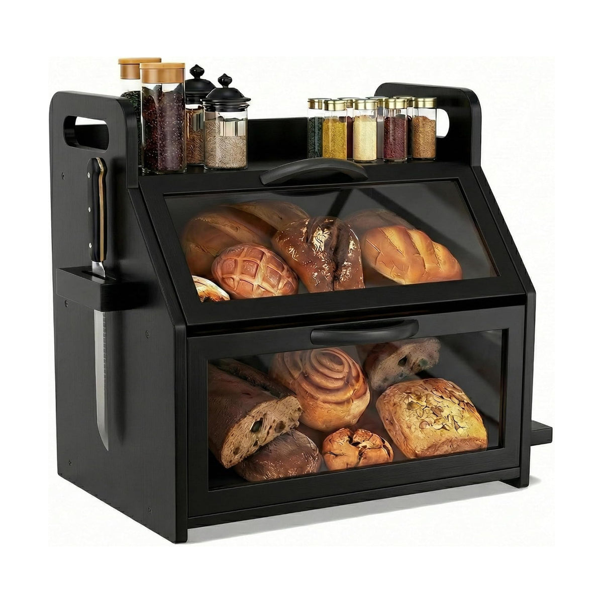 BAMBANG Bread Box for Kitchen Countertop, Extra Large Double Layer Bamboo Breadbox with Clear Window, Farmhouse Wooden