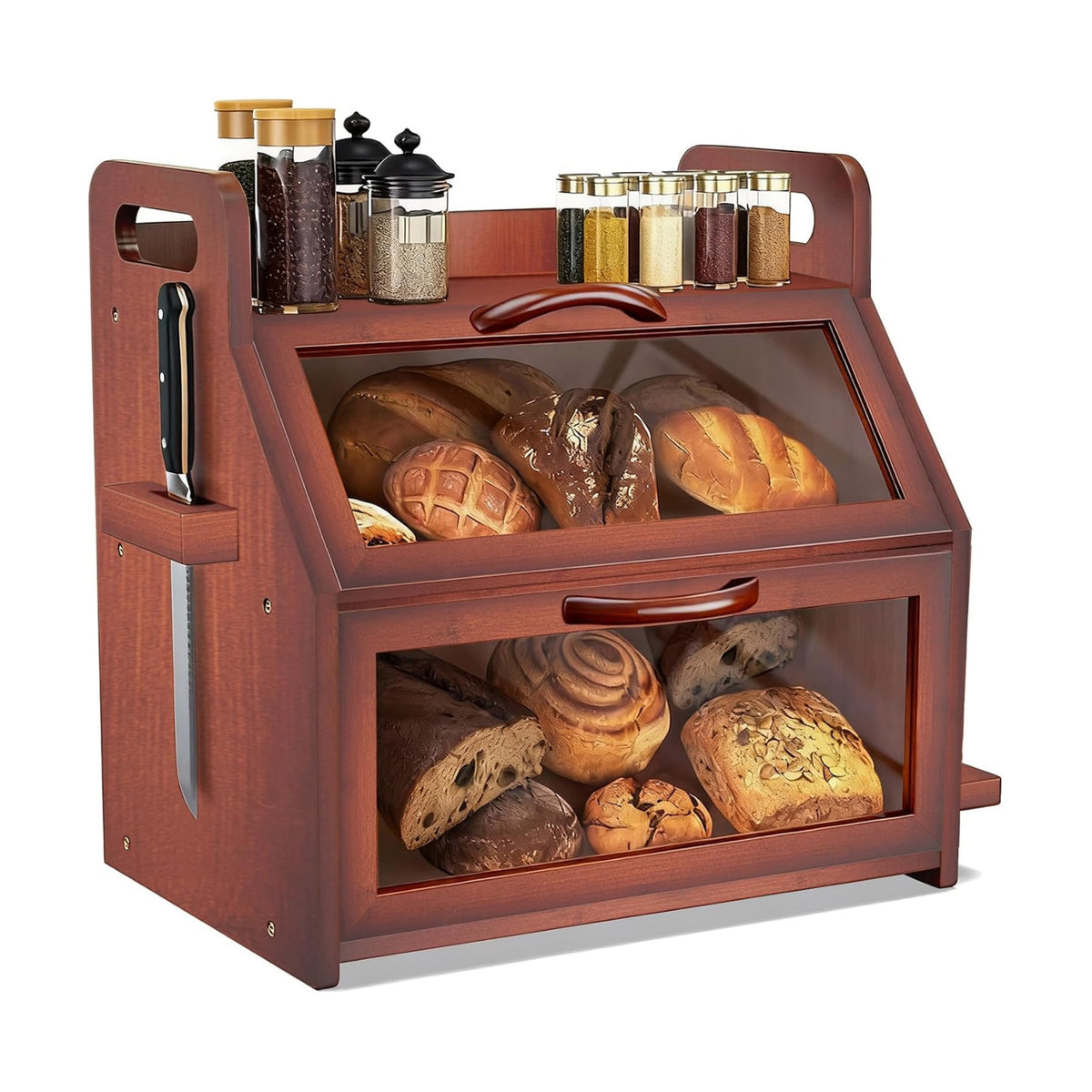 BAMBANG Bread Box for Kitchen Countertop, Extra Large Double Layer Bamboo Breadbox with Clear Window, Farmhouse Wooden