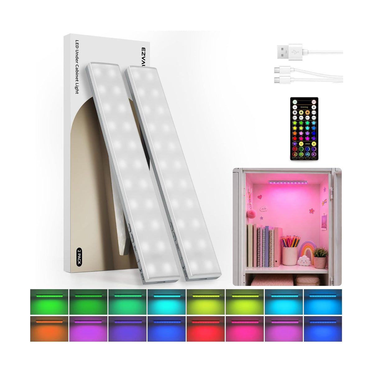 EZVALO Color Changing Locker Light, Bookshelf Light with Remote | Wireless, Magnetic, DIY,1800mAh Rechargeable Battery