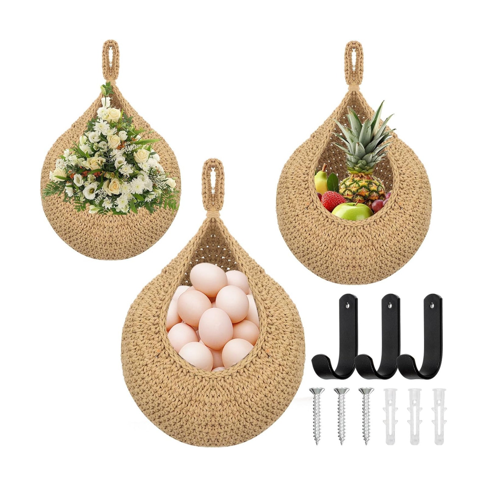 Boho Wall Hanging Fruit Baskets / Set of 3
