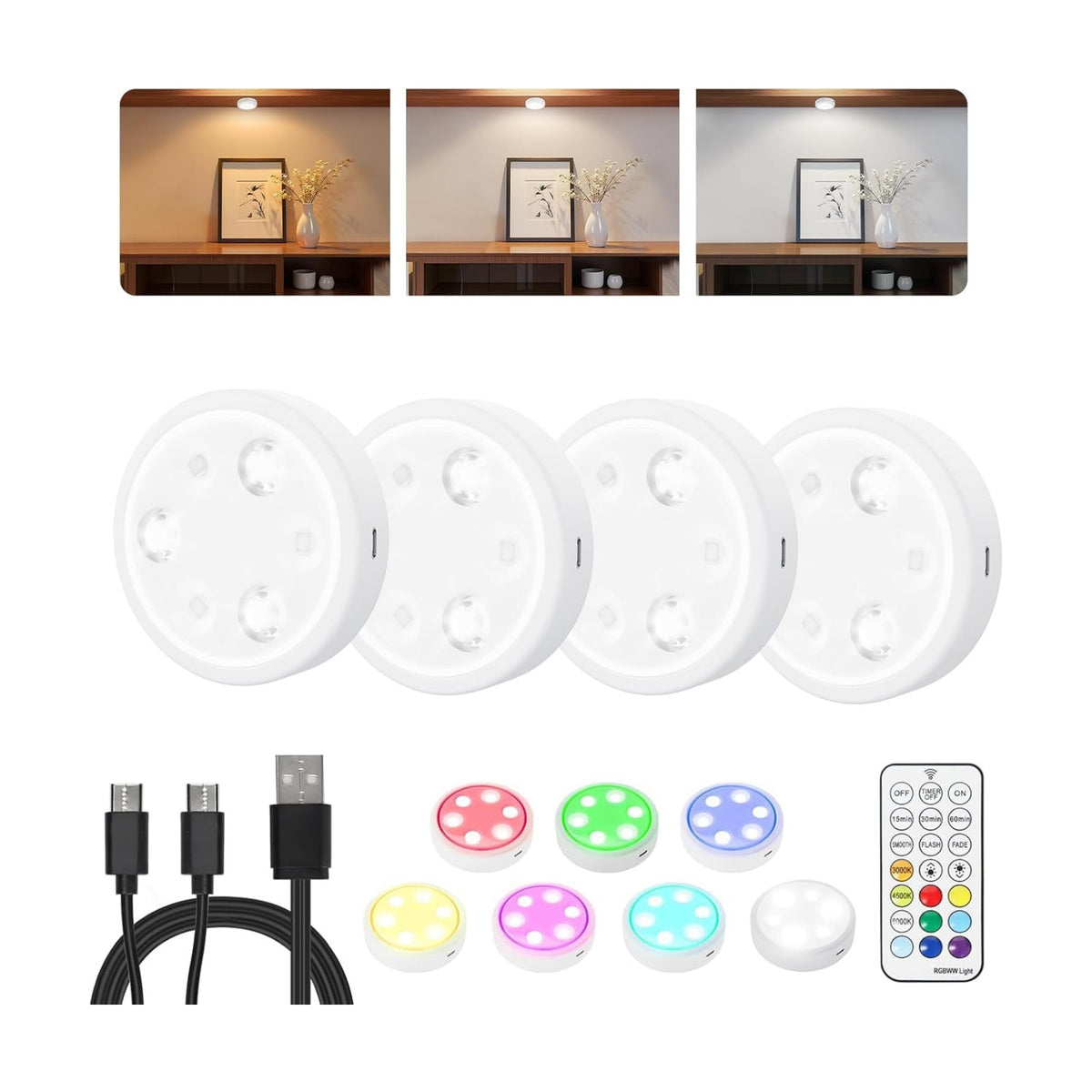HOLKPOILOT Puck Lights with Remote, 2000mAh Battery Operated Rechargeable Under Cabinet Lighting, 3 Color Temps & 7 RGB