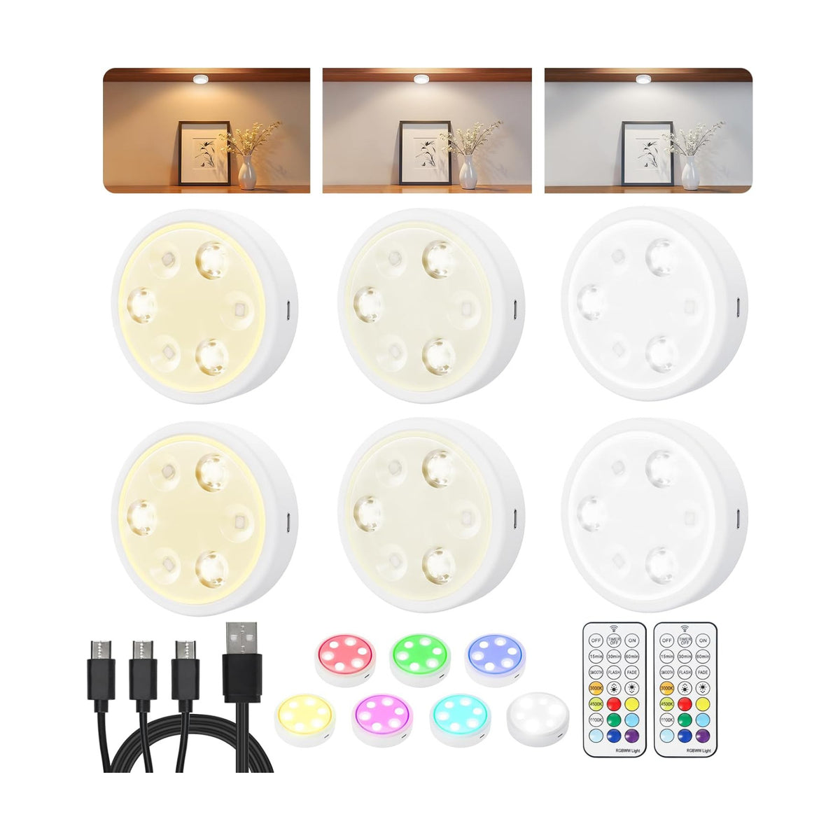 HOLKPOILOT Puck Lights with Remote, 2000mAh Battery Operated Rechargeable Under Cabinet Lighting, 3 Color Temps & 7 RGB