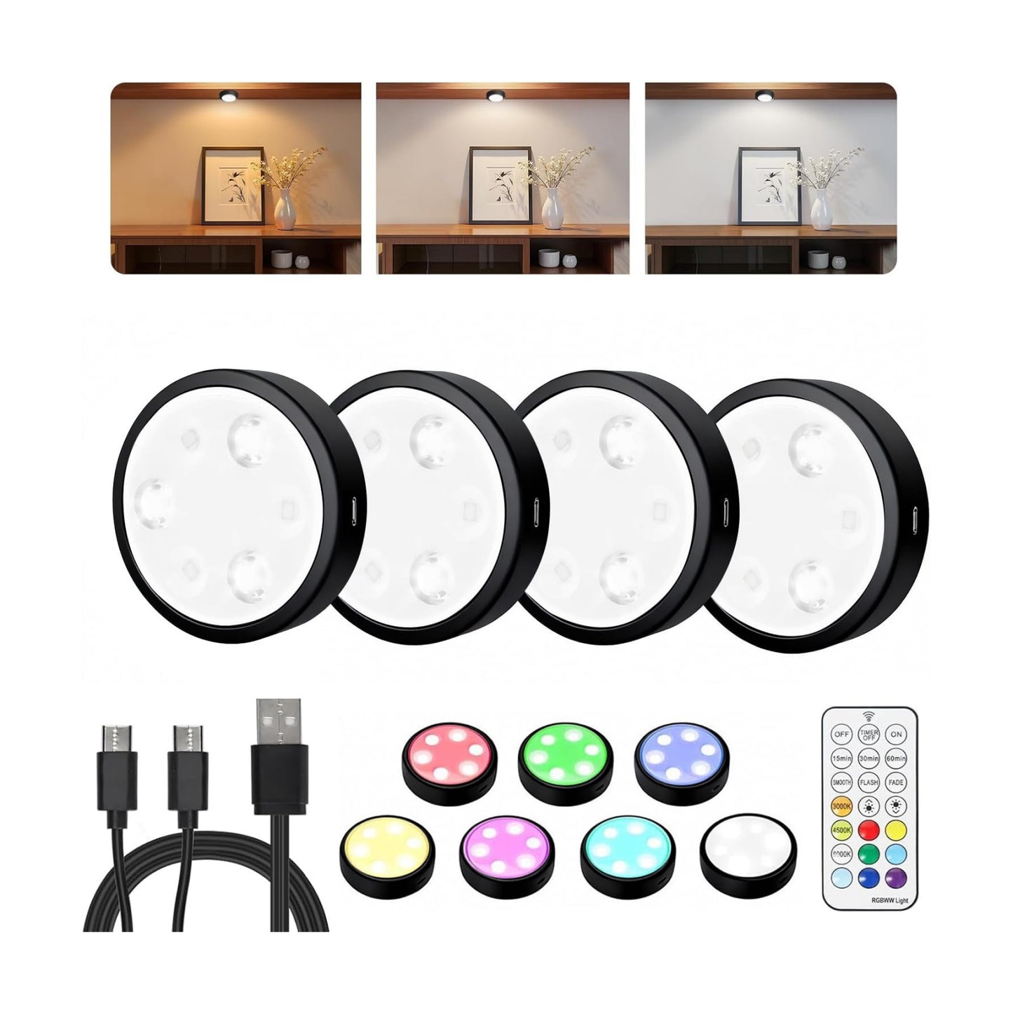 HOLKPOILOT Puck Lights with Remote, 2000mAh Battery Operated Rechargeable Under Cabinet Lighting, 3 Color Temps & 7 RGB