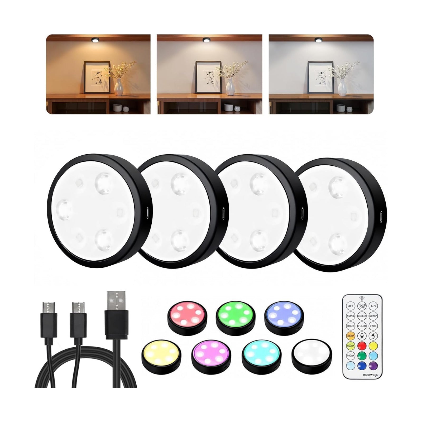 HOLKPOILOT Puck Lights with Remote, 2000mAh Battery Operated Rechargeable Under Cabinet Lighting, 3 Color Temps & 7 RGB