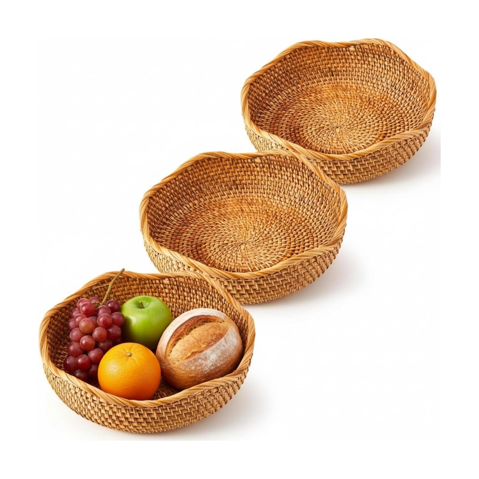 Scalloped Rattan Fruit Baskets Round Wicker Bread Food Serving / Natural / 10.2 Inch / Set of 3