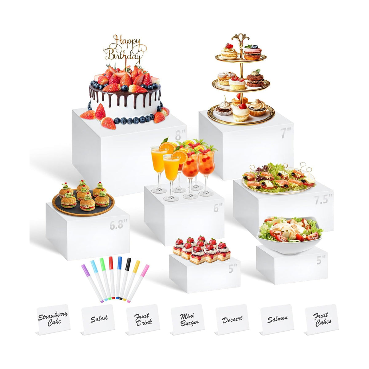 7Pcs White Acrylic Buffet Risers with Mini Sign and Marker, Food Display Risers for Party Catering Dessert Jewelry