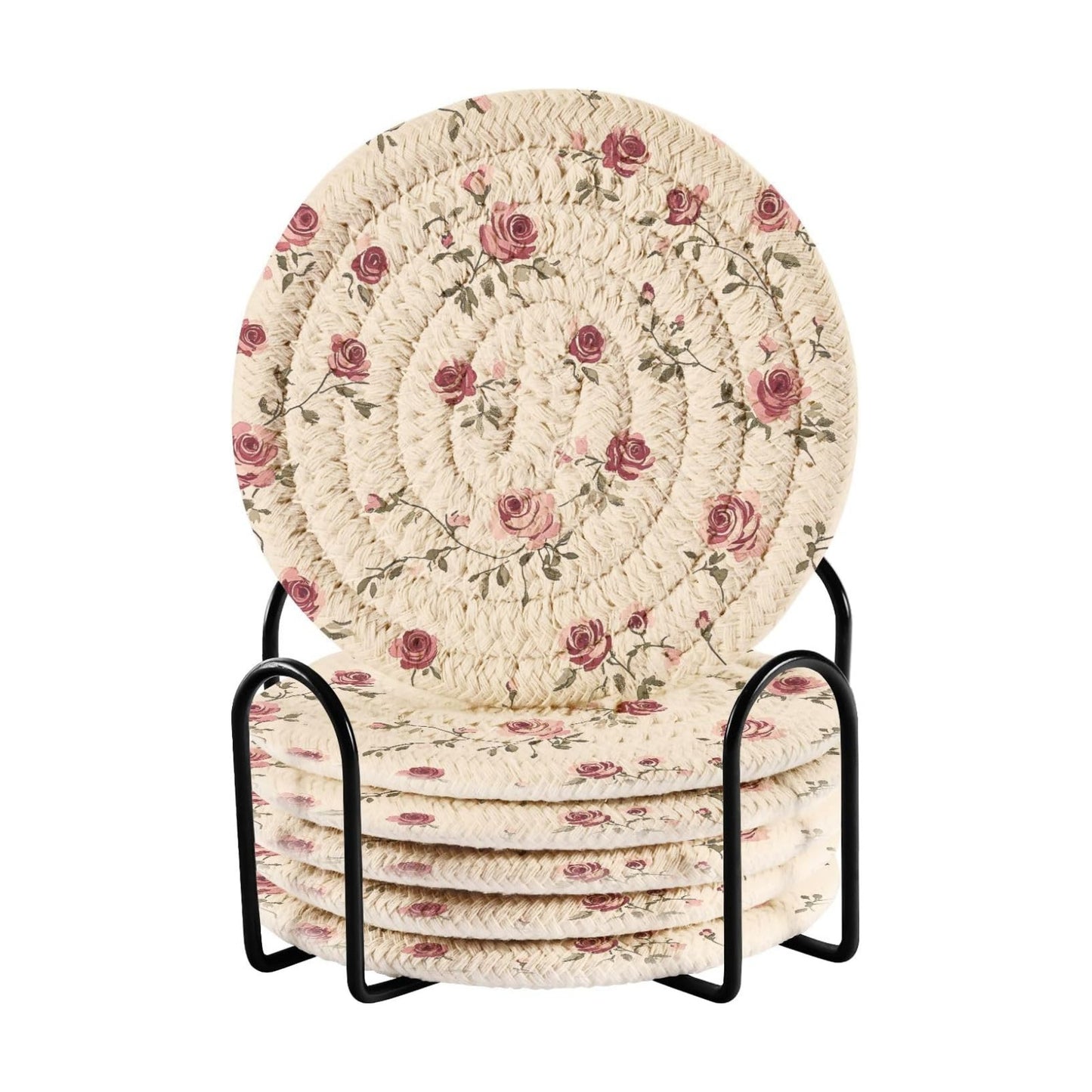 Holder Absorbent Round Coasters for Wooden Table Tabletop Protection Party / Vintage Rose / Set of 6