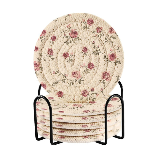 Holder Absorbent Round Coasters for Wooden Table Tabletop Protection Party / Vintage Rose / Set of 6