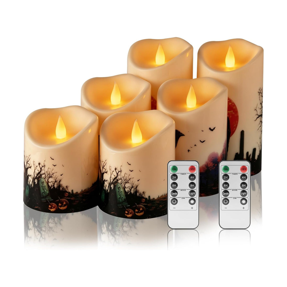 Halloween Flameless Candles Set of 6, Indoor Outdoor LED Pillars | 3"D X 4" 5" 6" H, Climbing flame, waterproof, 2x
