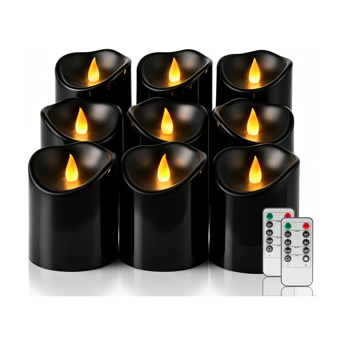 Outdoor Flameless Candles, Patented 3D Dual-LED, Set of 9 Slanted Resin Pillars with 2 Remotes, Bulk Party Decor for