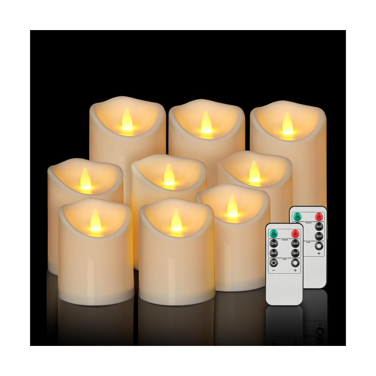 Outdoor Flameless Candles, Patented 3D Dual-LED, Set of 9 Slanted Resin Pillars with 2 Remotes, Bulk Party Decor for