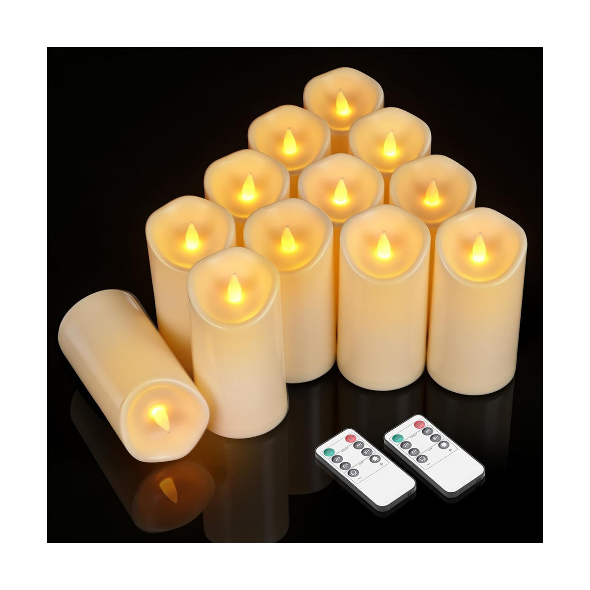 Bulk Set of 12 Outdoor Flameless Candles, Patented 3D Dual-LED Resin Pillars with 2 Remotes, Waterproof Non-Melting
