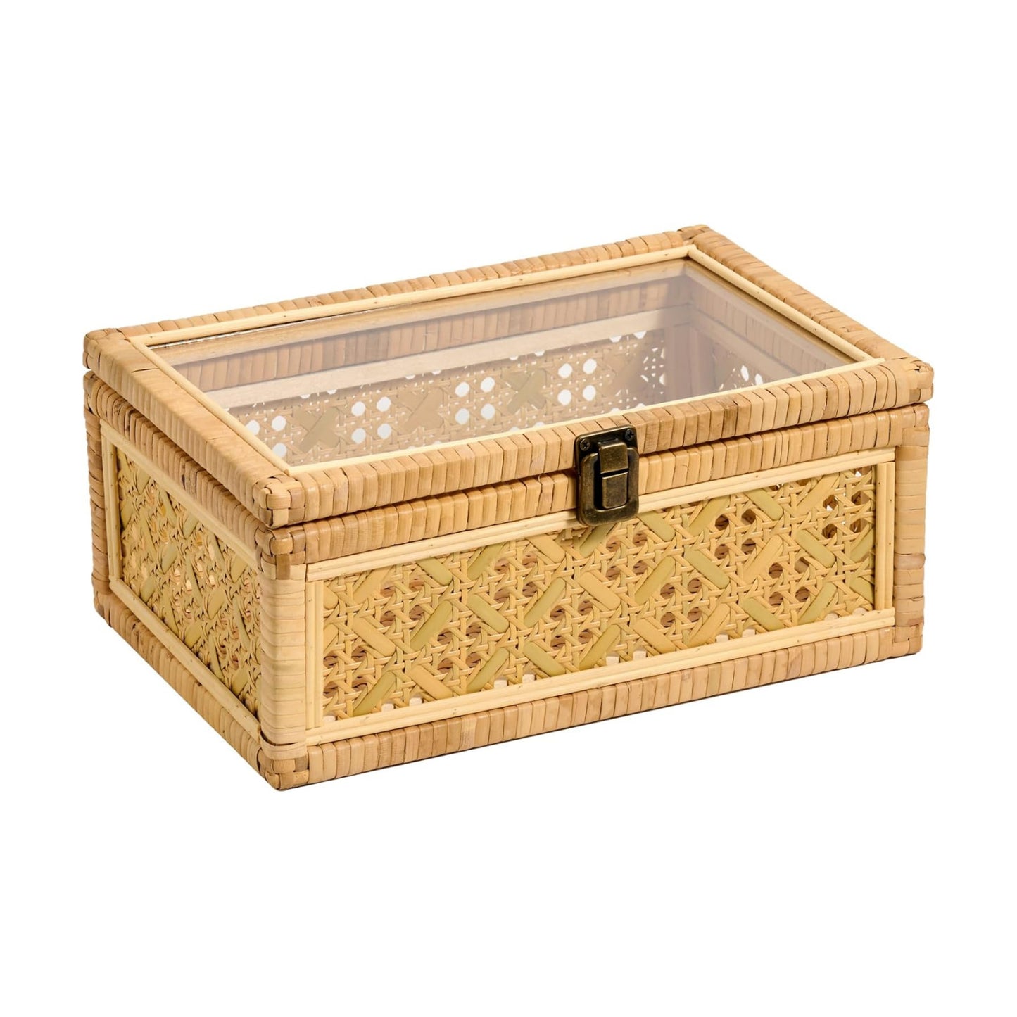 Clear Glass Lid Wooden Frame Handmade Boho Wicker Basket Woven Cane Bin Keepsake / Large / Natural