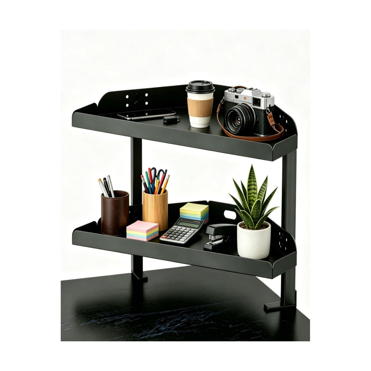 Yuxh Desk Clamp Corner Shelf 16 Inch, Black | Space-saving, clip on or under corner shelf for panel tabletop, office