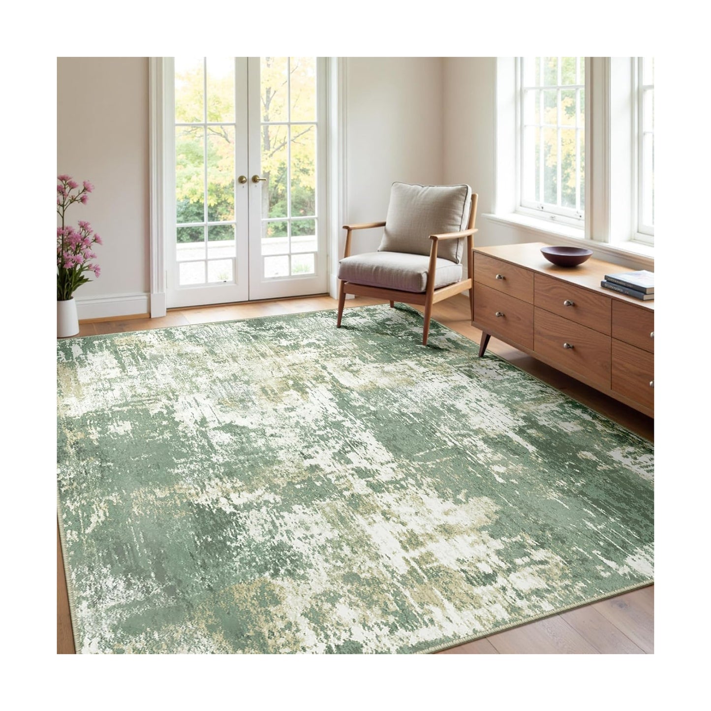 RELEANY Washable 4'x6' Abstract Area Rug for Living Room Light Green