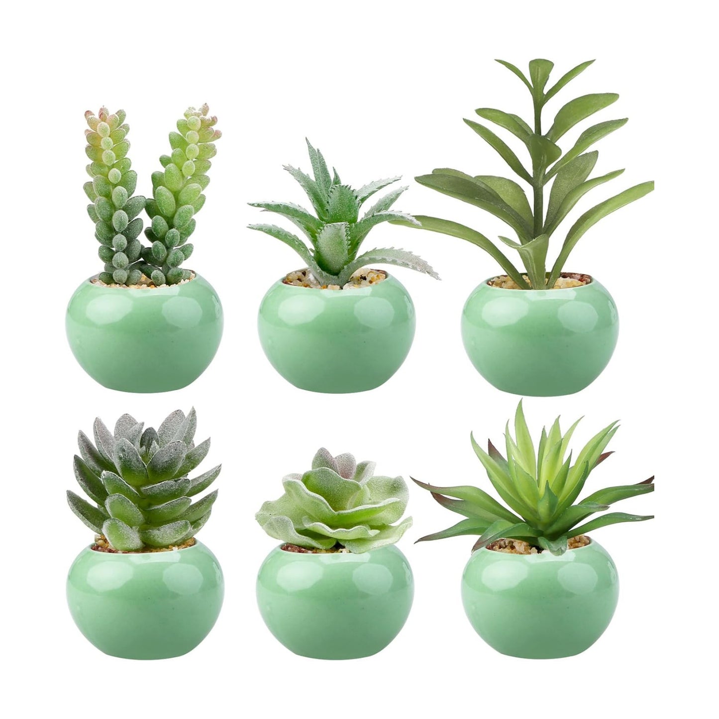 Small Artificial Succulent Plants Bulk in Ceramic Pots / Green-ceramic Light Green Pot / Set of 6