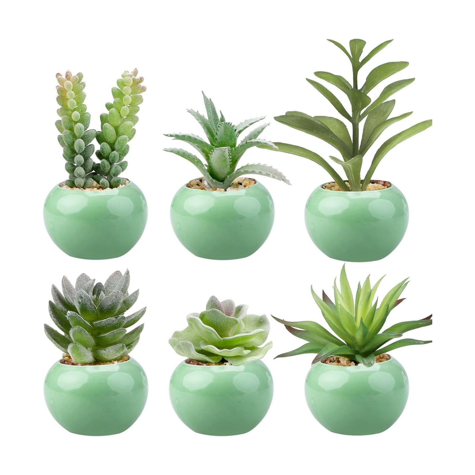 Small Artificial Succulent Plants Bulk in Ceramic Pots / Green-ceramic Light Green Pot / Set of 6